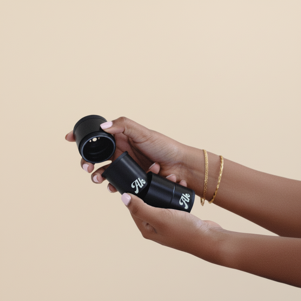Hands holding Akcomplice & Co's black personal air filter for discreet plant-based medicine use