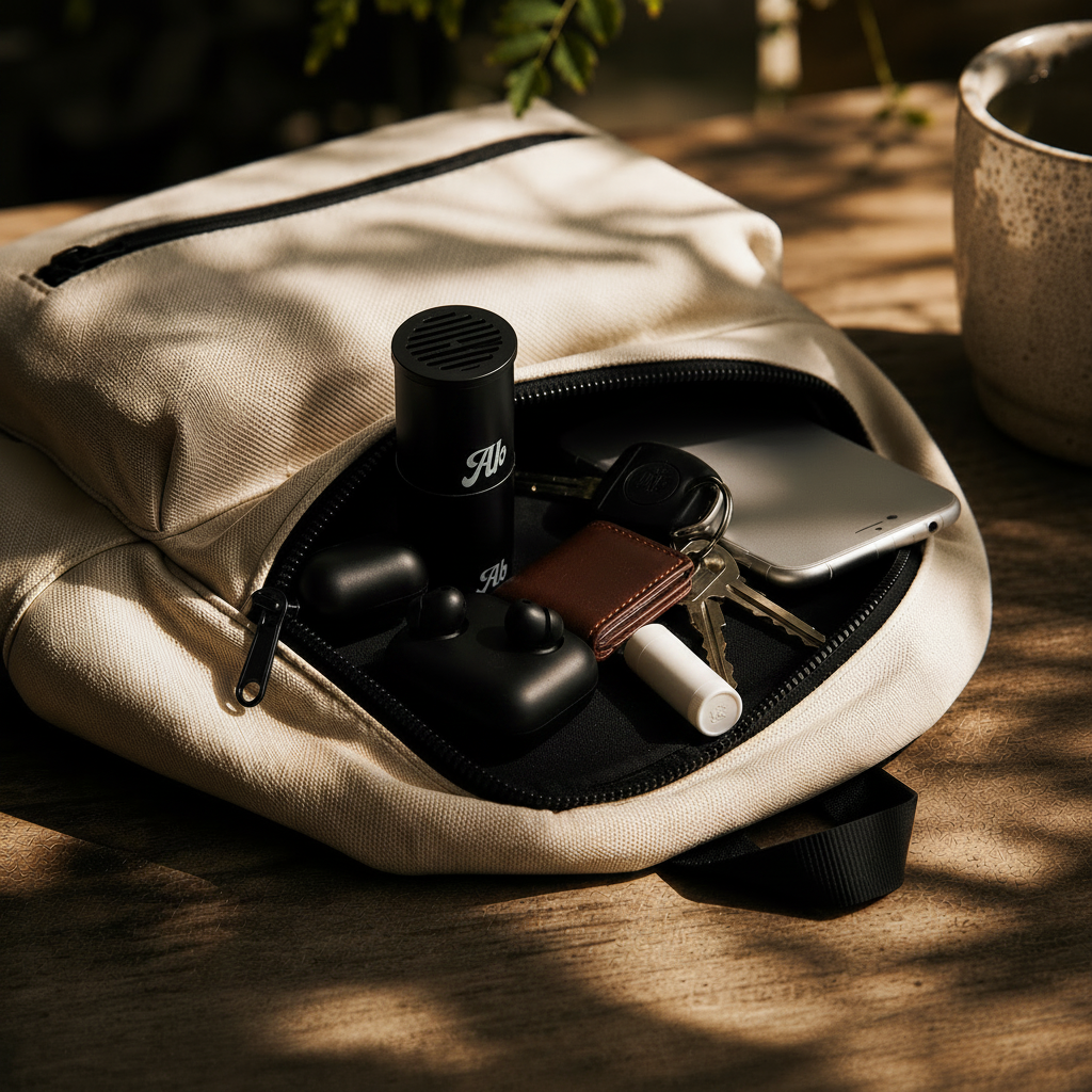 A beige canvas backpack or messenger bag shown open on a wooden surface, with its front zip pocket filled with keys, a phone, earbuds case, and other small accessories. Strong sunlight and leaf shadows create a warm, natural setting.